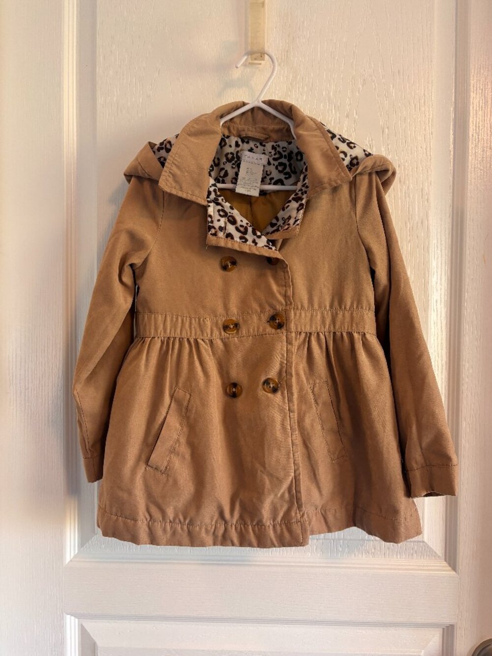 Tahari Girls Tan Trench Coat Size 5 Leopard Print Hooded Jacket Bow